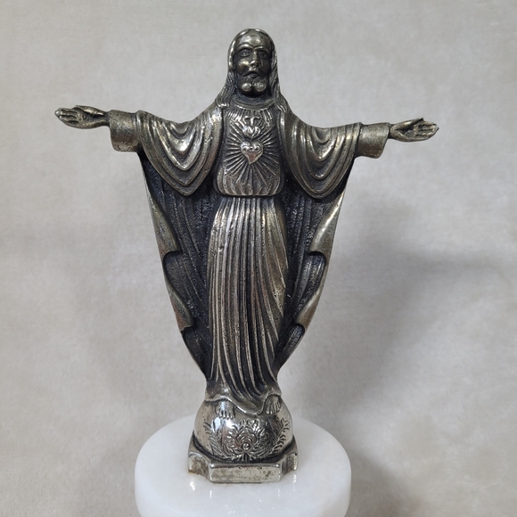 Sacred Heart Of Jesus Brass Statue Figurine Religious Decor Idol Marble Base - Picture 2 of 8